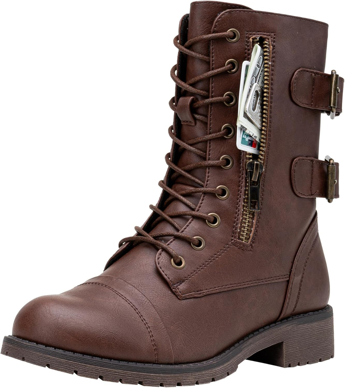 Women's Lace Up Mid Calf Combat Boots with Functional Pocket