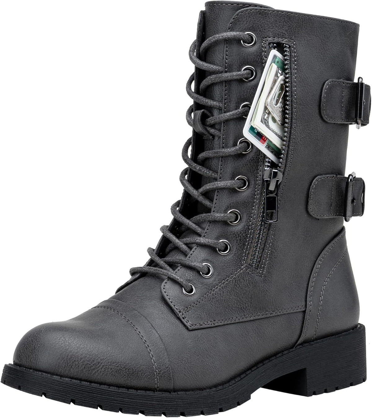 Women's Lace Up Mid Calf Combat Boots with Functional Pocket