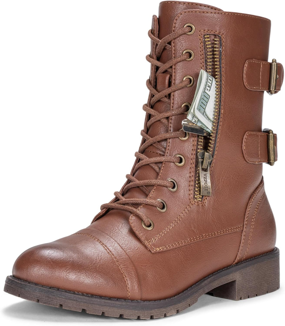 Women's Lace Up Mid Calf Combat Boots with Functional Pocket