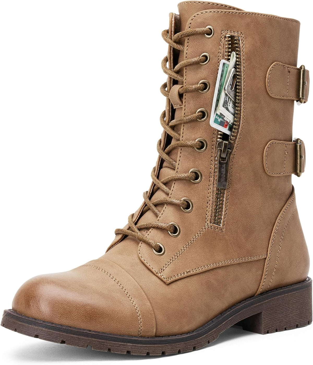 Women's Lace Up Mid Calf Combat Boots with Functional Pocket