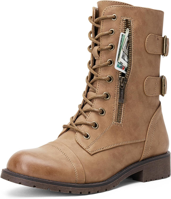 Women's Lace Up Mid Calf Combat Boots with Functional Pocket