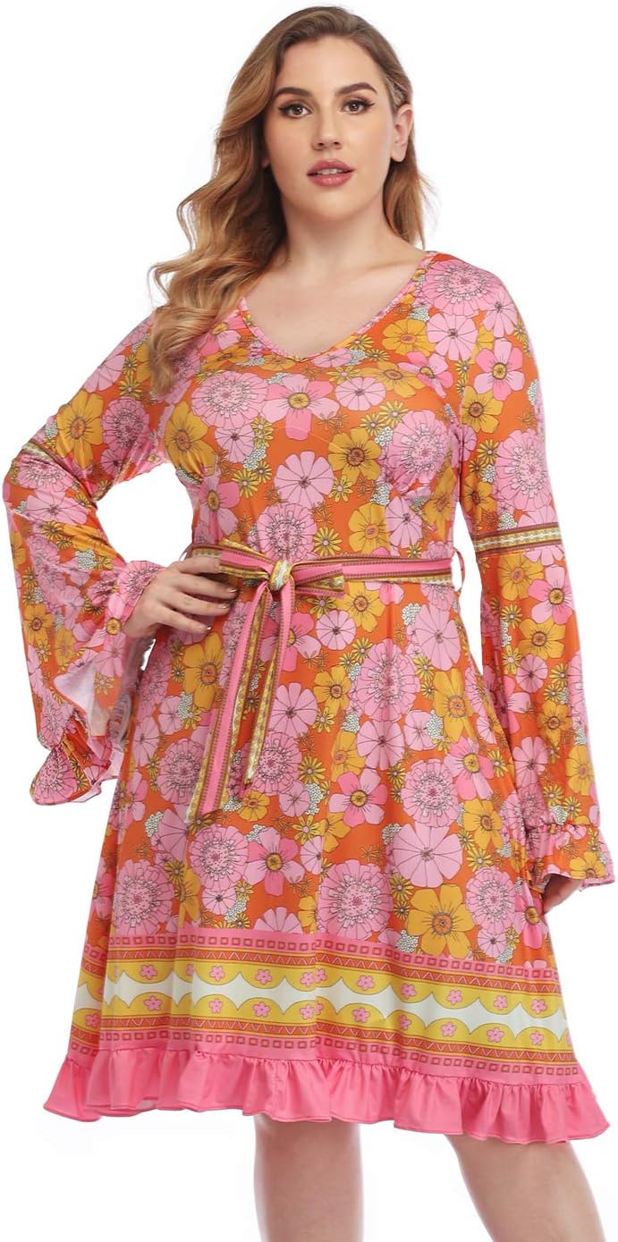 HDE Womens Plus Size Bell Sleeve Dress Vintage A-line Hippie Witch Dress Secondary image