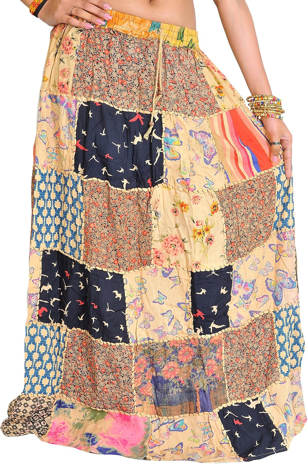 Exotic India Long Printed Dori Skirt from Gujarat with Patch Work - Rayon