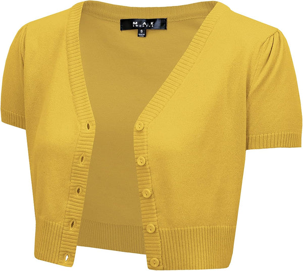 YEMAK Women's Cropped Bolero Cardigan – Short Sleeve V-Neck Basic Classic Casual Button Down Knit Soft Sweater Knitted Top