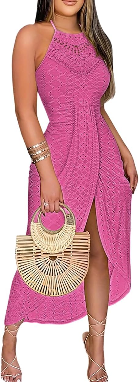 CHICME Womens Summer Halter Dress Hollow Out A Line Vacation Dress