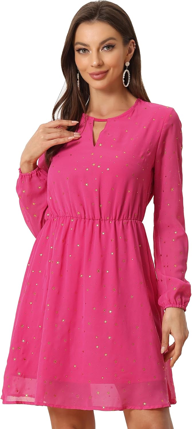 Allegra K Women Metallic Star Choker V Neck Party Flared A-Line Dress
