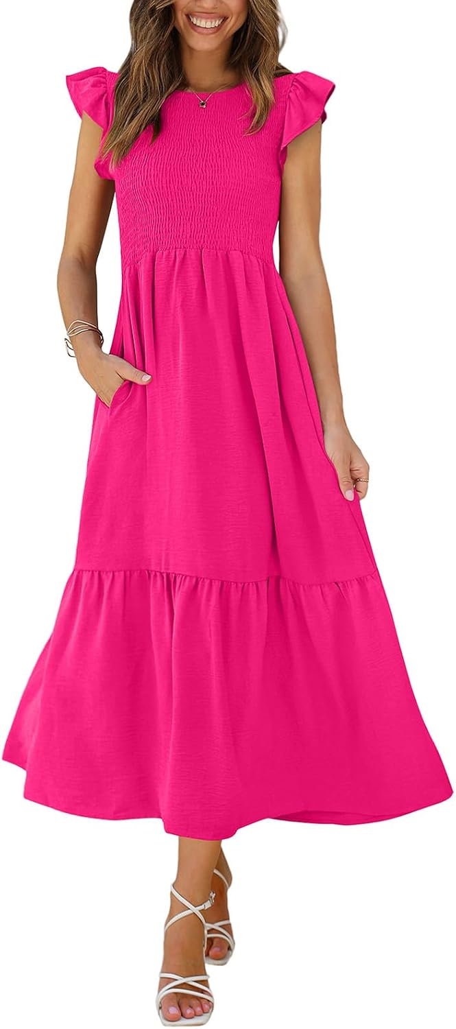 OFEEFAN Women's Casual Maxi Dresses with Pockets Ruffle Sleeve Smocked Dress XS-2XL