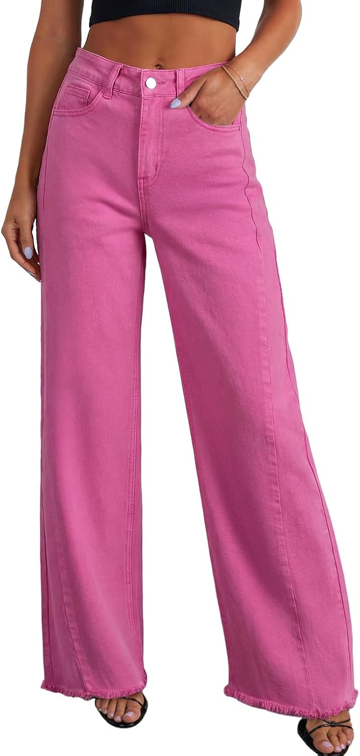 Sidefeel Women's Wide Leg Jeans High Waisted Stretchy Raw Hem