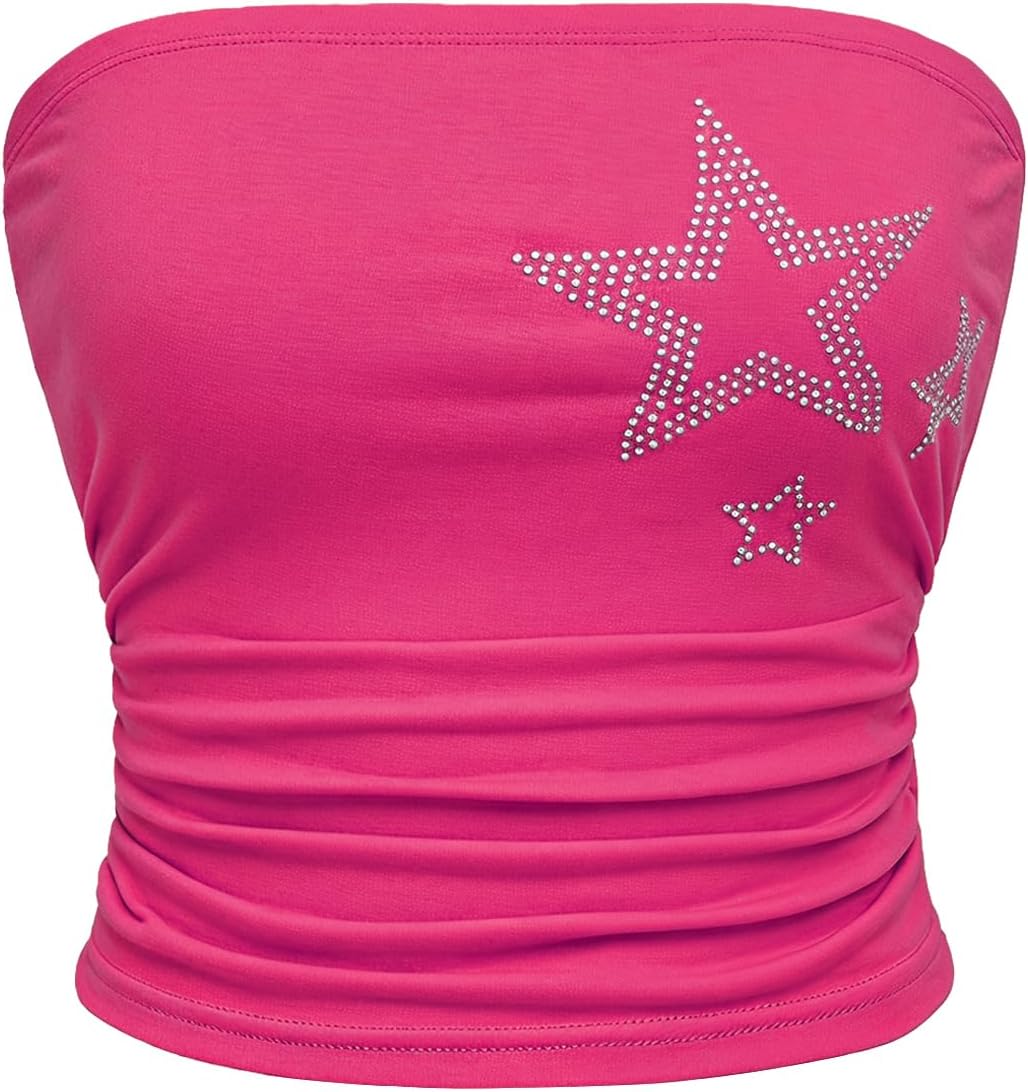 WDIRARA Women's Star Rhinestone Strapless Crop Tube Bandeau Top