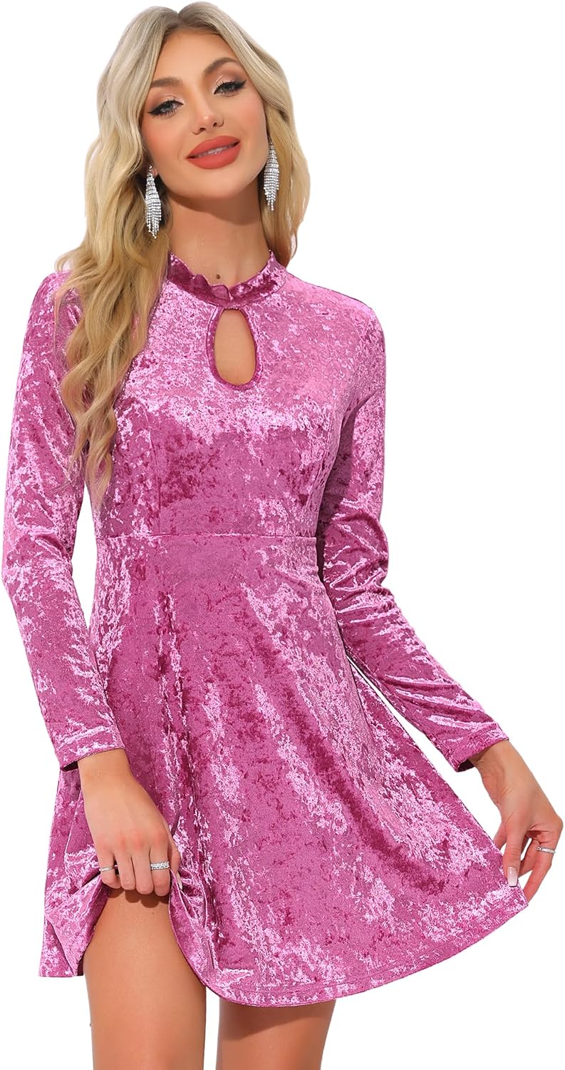 Allegra K Women Velvet High Waist Keyhole Neck Swing Mini Dress