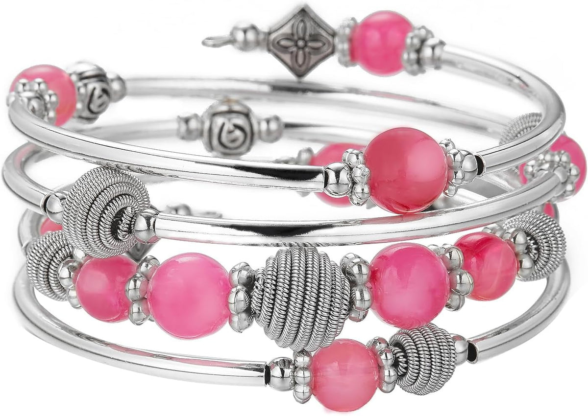 PEARL&CLUB Beaded Chakra Bangle Turquoise Bracelet - Fashion Jewelry Wrap Bracelet with Thick Silver Metal and Mala Beads, Birthday Gifts For Women