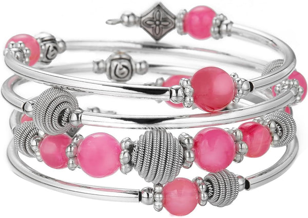 PEARL&CLUB Beaded Chakra Bangle Turquoise Bracelet - Fashion Jewelry Wrap Bracelet with Thick Silver Metal and Mala Beads, Birthday Gifts For Women