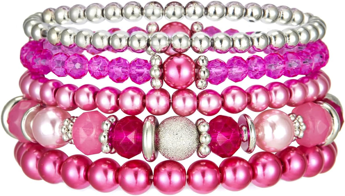 Noessla Beaded Pearl Stretch Bracelet Silver Stackable Crystal Beads Bracelets Trendy Costume Jewelry Mothers Day Gifts for Women
