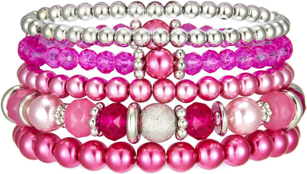 Noessla Beaded Pearl Stretch Bracelet Silver Stackable Crystal Beads Bracelets Trendy Costume Jewelry Mothers Day Gifts for Women