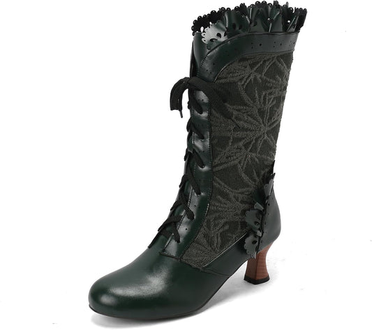 Women Victorian Boots Chunky Heels Lace up Cute Bow Knot Cosplay Costumes Witch Medieval Renaissance Mid-Calf Goth Boots Vintage Gothic Character Dance Kawaii Lolita Shoes