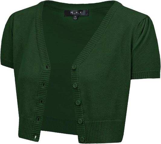 YEMAK Women's Cropped Bolero Cardigan – Short Sleeve V-Neck Basic Classic Casual Button Down Knit Soft Sweater Knitted Top