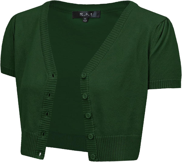 YEMAK Women's Cropped Bolero Cardigan – Short Sleeve V-Neck Basic Classic Casual Button Down Knit Soft Sweater Knitted Top