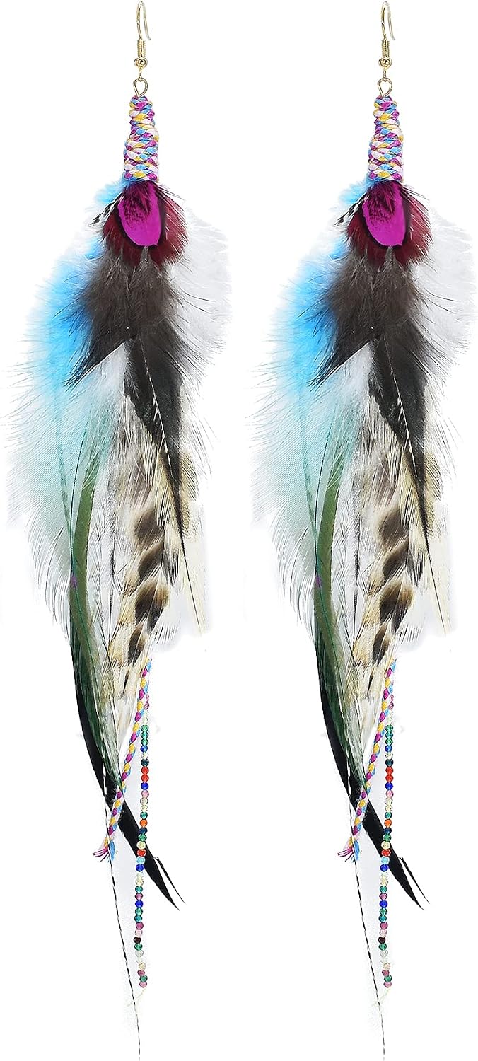 Punk Vintage Long Tassel Feather Beads Drop Wolf Tooth Pendant Earring Fish Hook Earrings Suitable to Wear At All Times