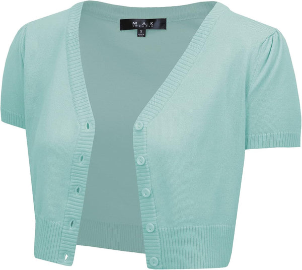 YEMAK Women's Cropped Bolero Cardigan – Short Sleeve V-Neck Basic Classic Casual Button Down Knit Soft Sweater Knitted Top