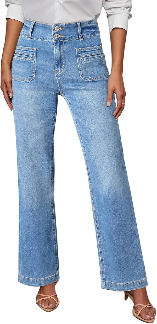Sidefeel Women's Wide Leg Jeans High Waisted Tummy Control Stretchy