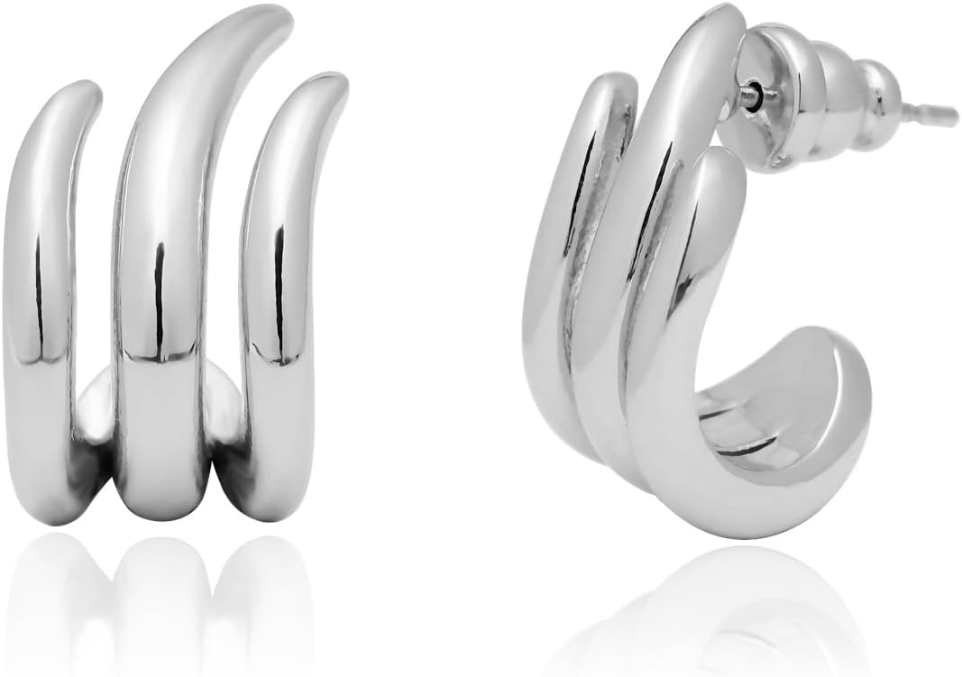 14K Gold Plated Illusion Stud Earrings for Women | Triple Huggie Hoop Earrings for One Hole| Trendy Simple Hypoallergenic Fashion Accessories Gold