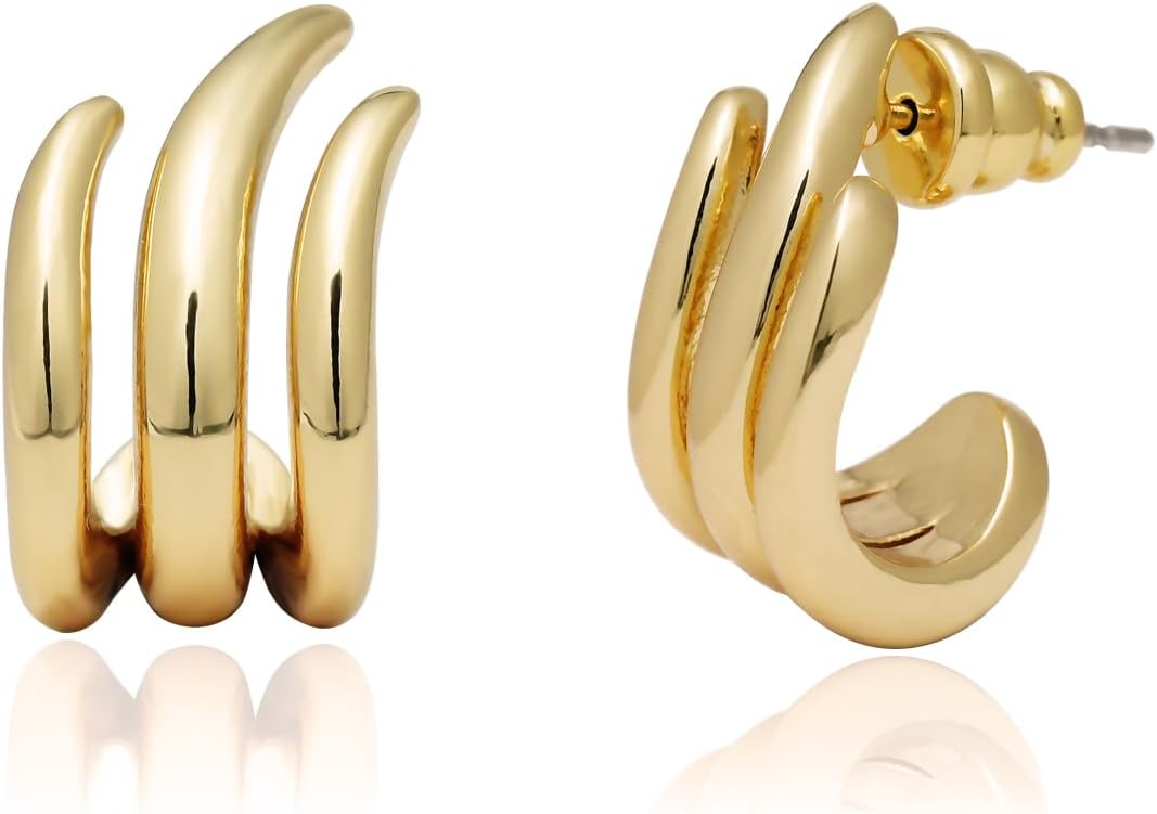 14K Gold Plated Illusion Stud Earrings for Women | Triple Huggie Hoop Earrings for One Hole| Trendy Simple Hypoallergenic Fashion Accessories Gold