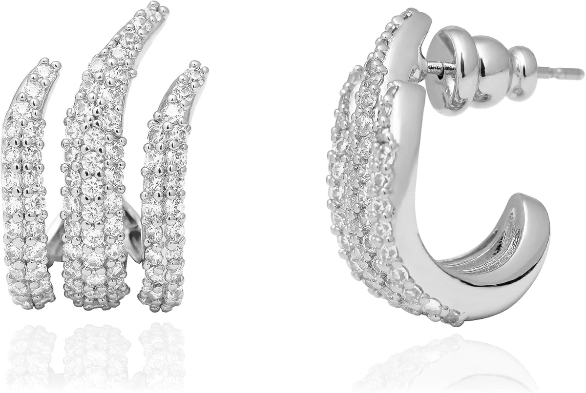14K Gold Plated Illusion Stud Earrings for Women | Triple Huggie Hoop Earrings for One Hole| Trendy Simple Hypoallergenic Fashion Accessories Gold
