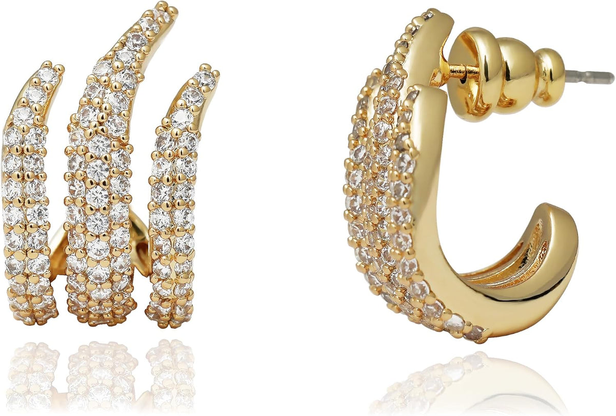 14K Gold Plated Illusion Stud Earrings for Women | Triple Huggie Hoop Earrings for One Hole| Trendy Simple Hypoallergenic Fashion Accessories Gold