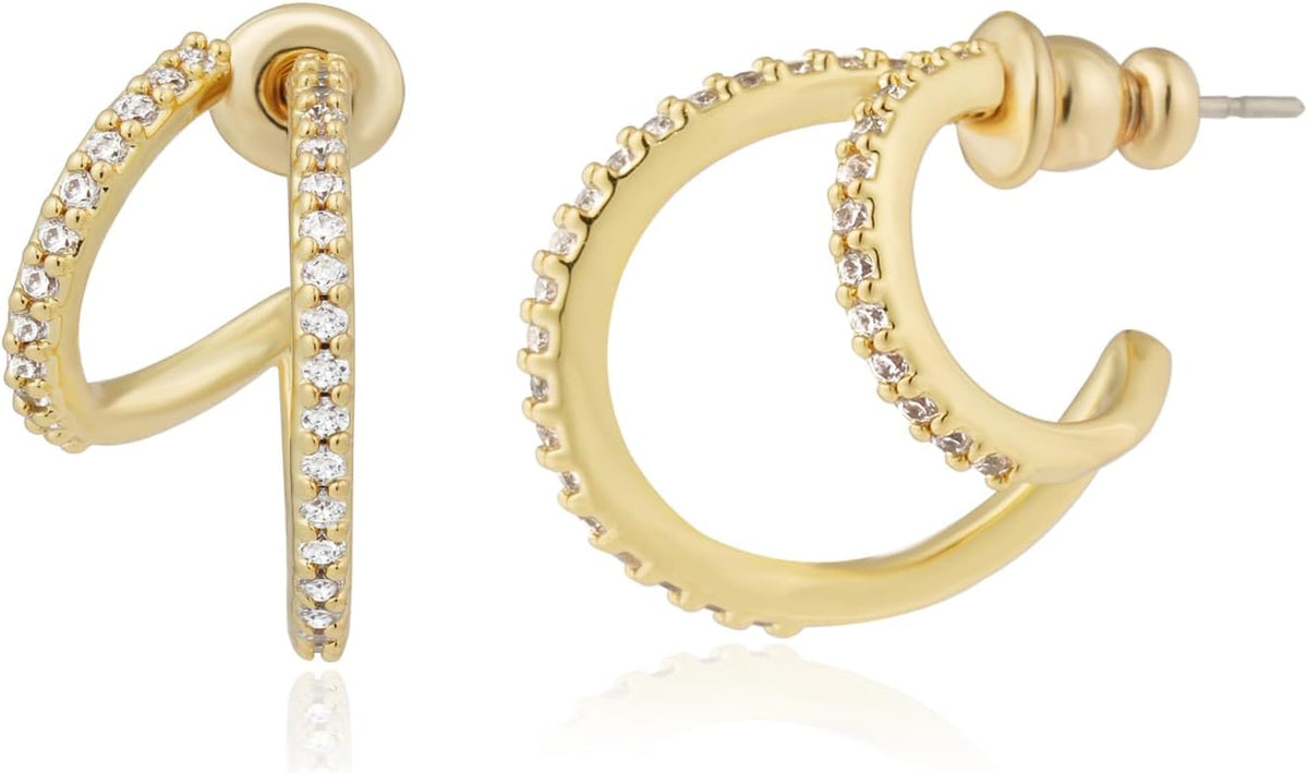 14K Gold Plated Illusion Stud Earrings for Women | Triple Huggie Hoop Earrings for One Hole| Trendy Simple Hypoallergenic Fashion Accessories Gold