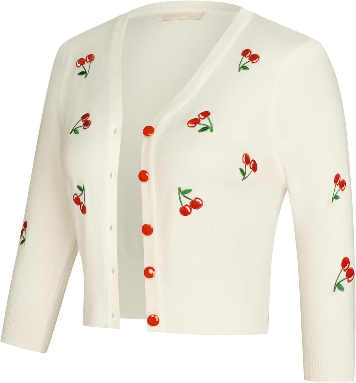 Belle Poque Women's 3/4 Sleeve V-Neck Button Down Cherries Embroidery Cropped Cardigan Sweater Coat