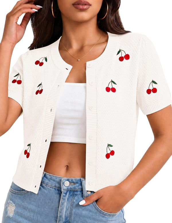 Cherry Short Sleeve Cardigan for Women Cropped Lightweight Cardigan Sweater