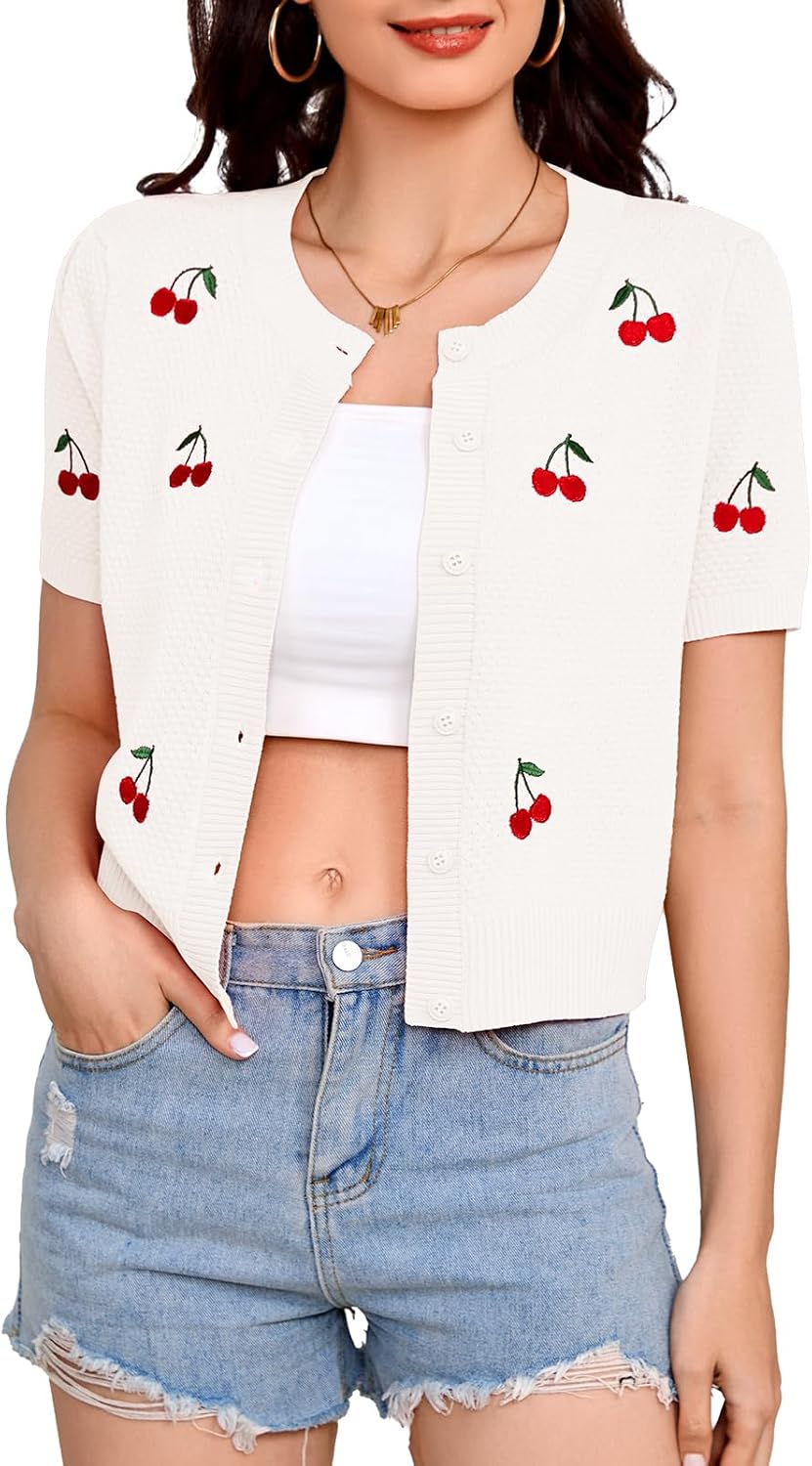 Bbonlinedress Women Cherry Short Sleeve Cardigan Tops Vintage Sweater Shirt