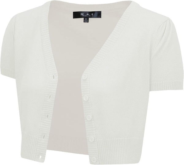 YEMAK Women's Cropped Bolero Cardigan – Short Sleeve V-Neck Basic Classic Casual Button Down Knit Soft Sweater Knitted Top