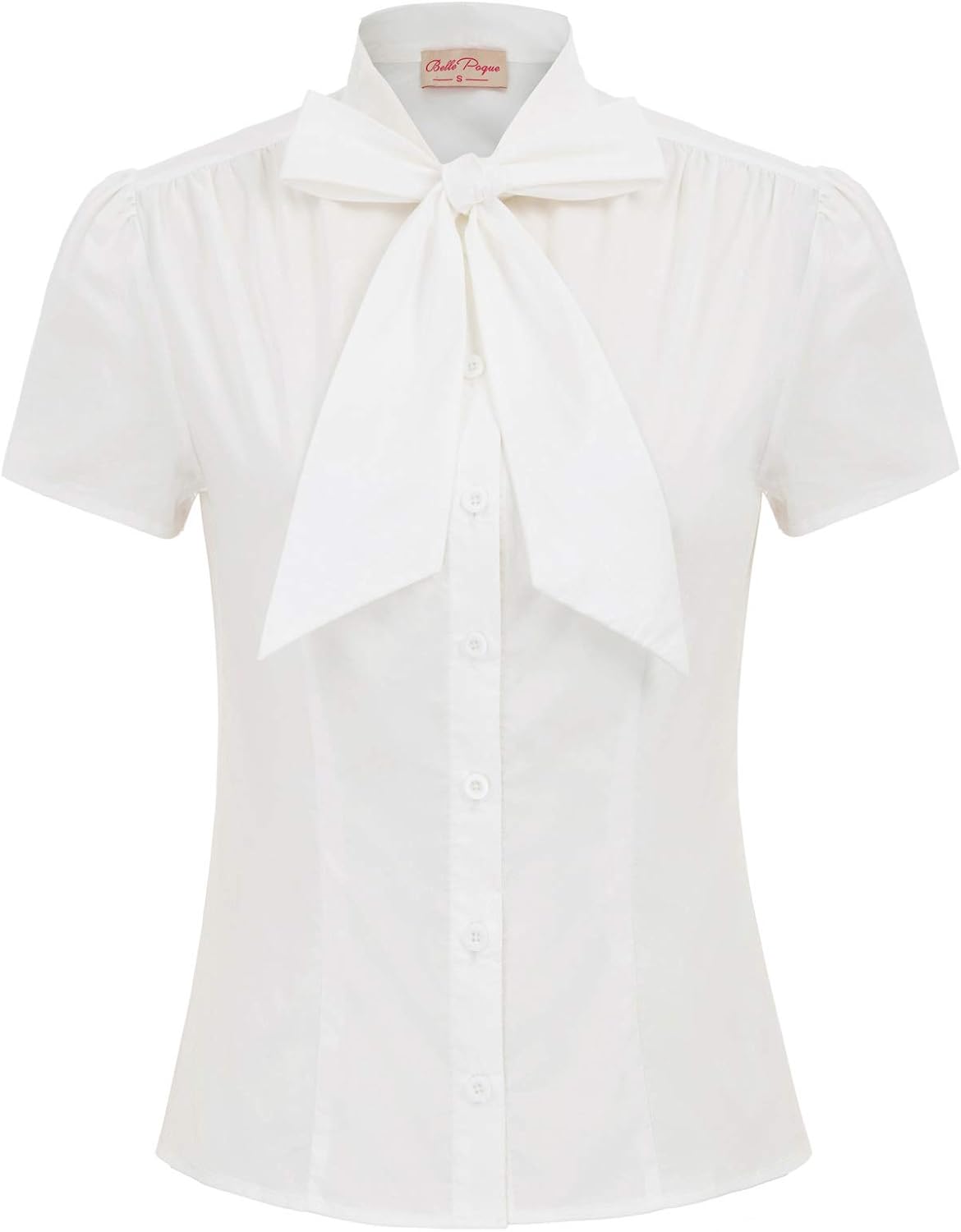Belle Poque Women Dressy Casual Top Bow Tie Button Down Short Sleeve Blouse