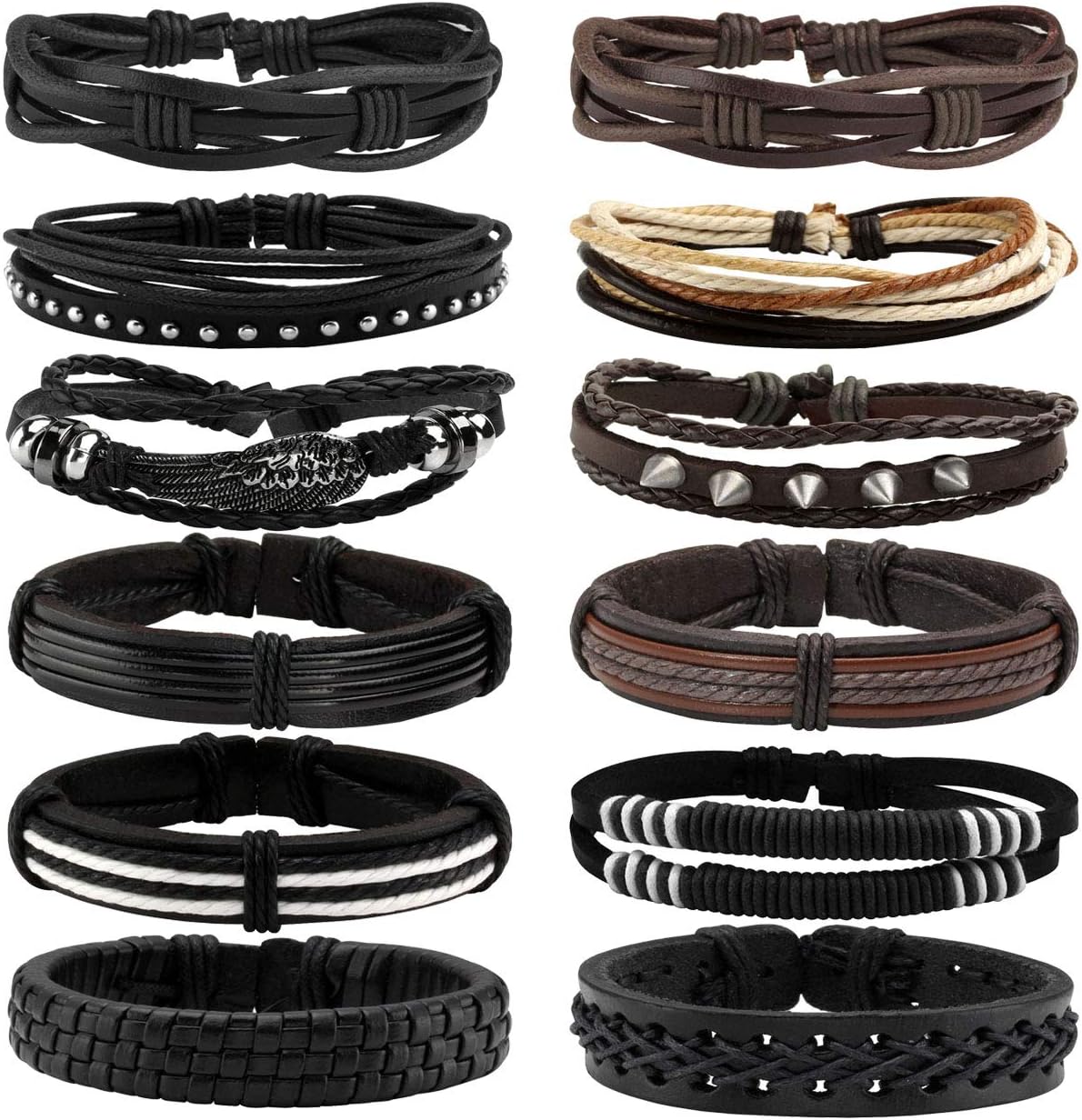6-12PCS Braided Faux Leather Bracelet Punk Cuff Wrap Bracelets for Men Women Adjustable