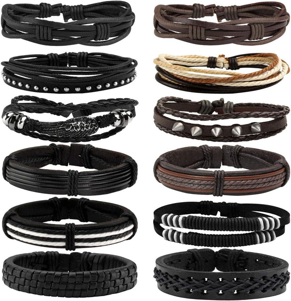 6-12PCS Braided Faux Leather Bracelet Punk Cuff Wrap Bracelets for Men Women Adjustable