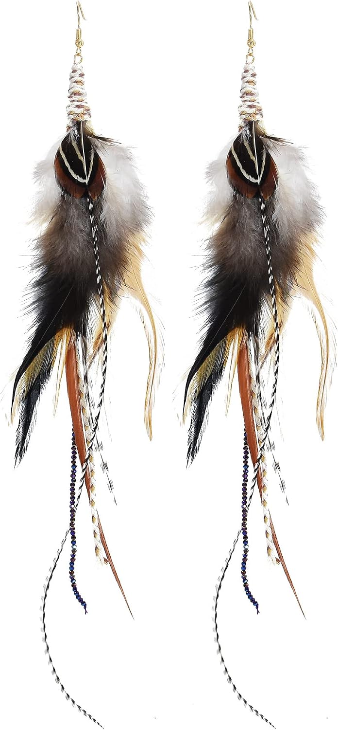 Punk Vintage Long Tassel Feather Beads Drop Wolf Tooth Pendant Earring Fish Hook Earrings Suitable to Wear At All Times