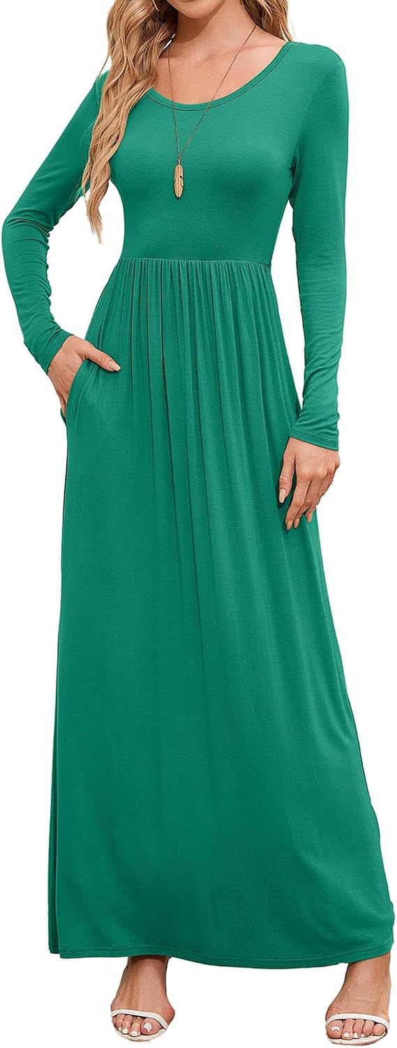 DEARCASE Women's Maxi Dress Long Sleeve Crewneck Empire Waist Long Dresses