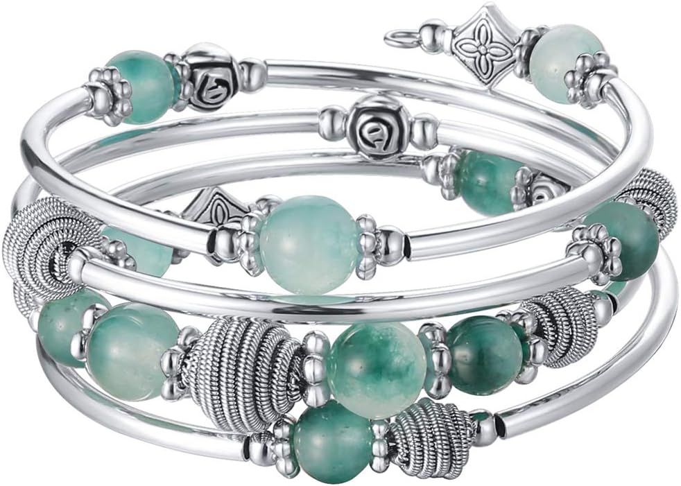 PEARL&CLUB Beaded Chakra Bangle Turquoise Bracelet - Fashion Jewelry Wrap Bracelet with Thick Silver Metal and Mala Beads, Birthday Gifts For Women