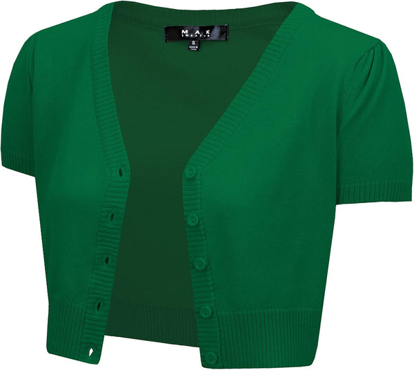 YEMAK Women's Cropped Bolero Cardigan – Short Sleeve V-Neck Basic Classic Casual Button Down Knit Soft Sweater Knitted Top