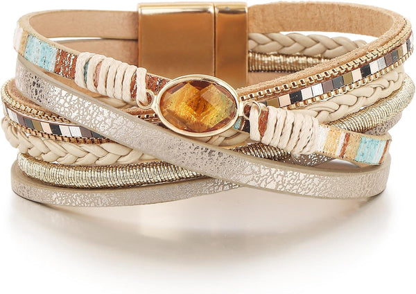 Edoneery Leather Wrap Bracelets for Women, Boho Layered Cuff Bangle