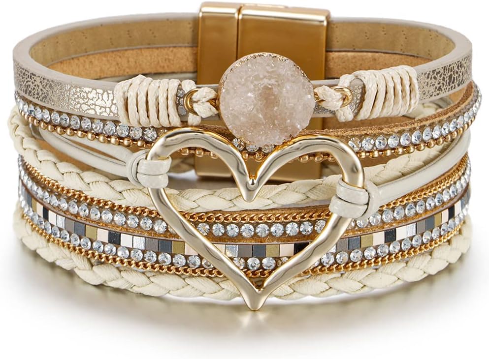 Fesciory Leather Wrap Bracelet for Women, Boho Western Layered Cuff Jewelry
