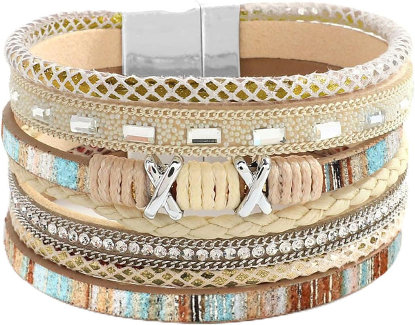 Fesciory Leather Wrap Bracelet for Women, Boho Western Layered Cuff Jewelry