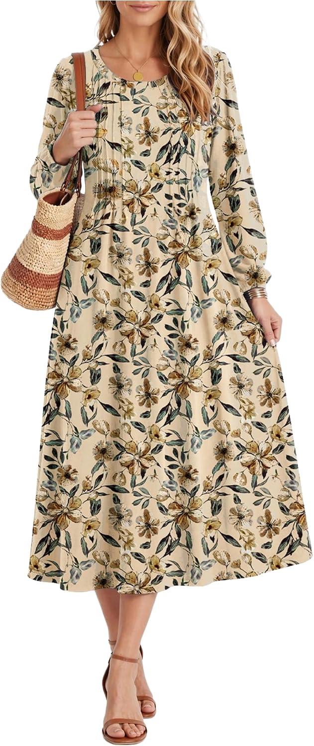 Zeagoo Fall Dresses for Women Long Sleeve Midi Dress Casual A Line Dresses 2026 Pleated Flare Dress with Pockets