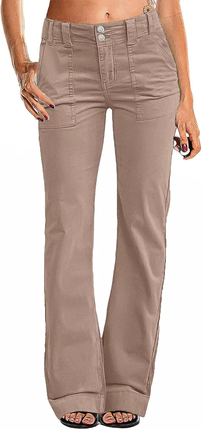 Women Mid Waist Dress Flare Straight Leg Corduroy Pants