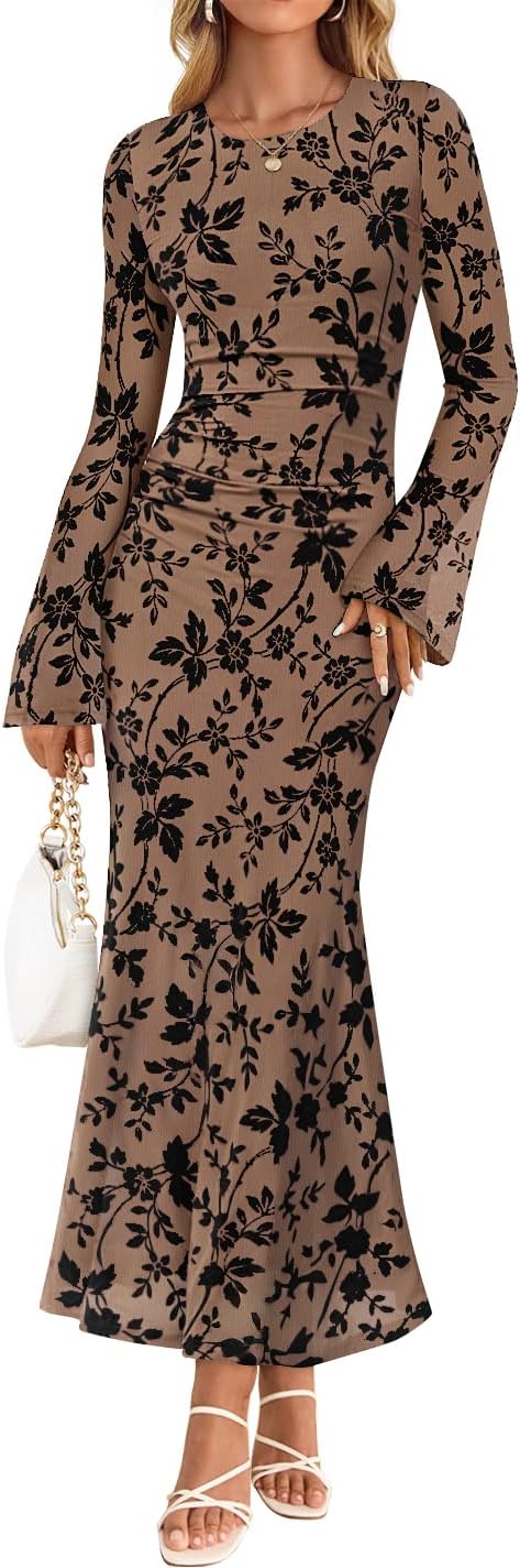 ZESICA Womens Long Sleeve Floral Fall Bodycon Ruched Mesh Maxi Formal Dress