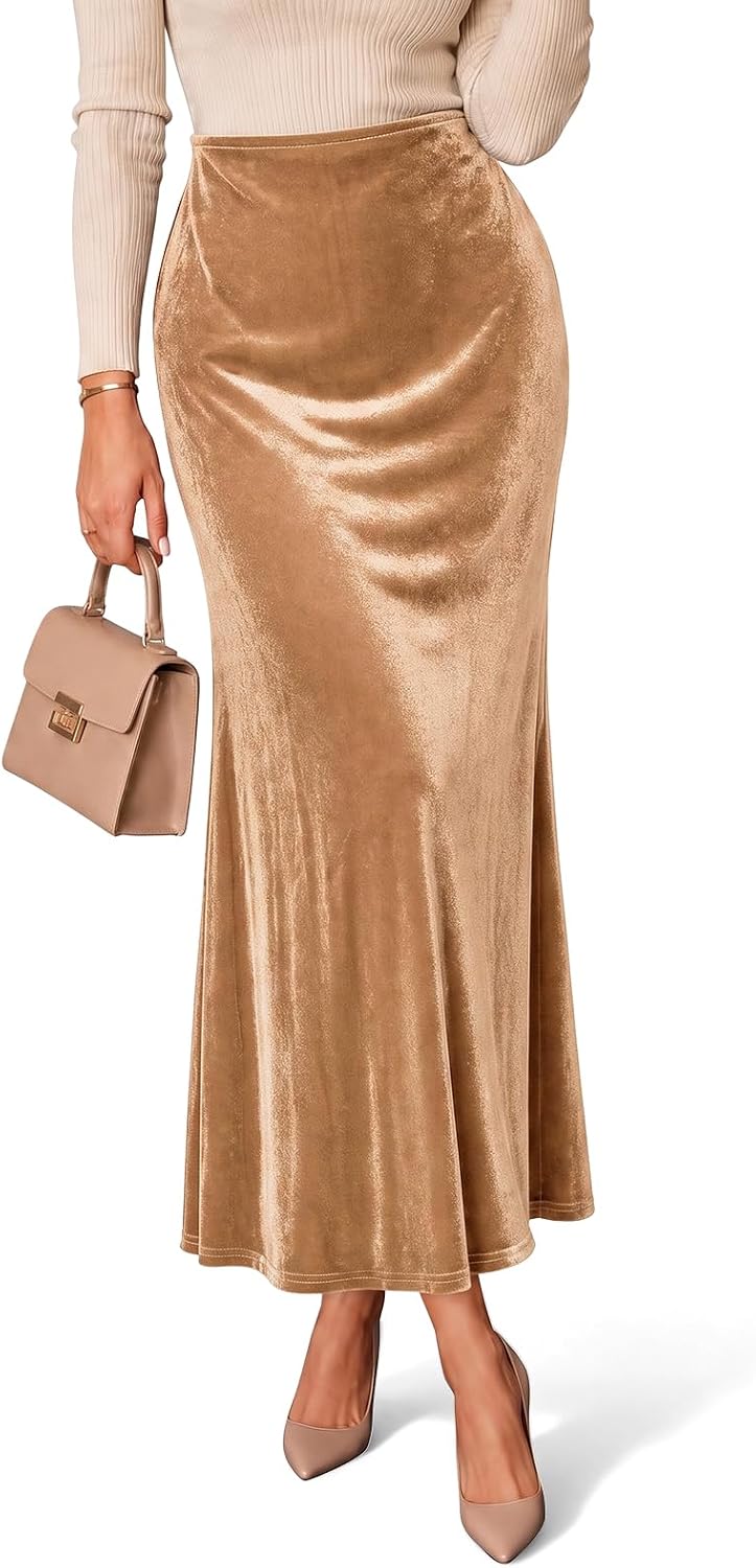 Cicy Bell Womens Velvet Maxi Skirt Fall High Waisted A-Line Long Skirts