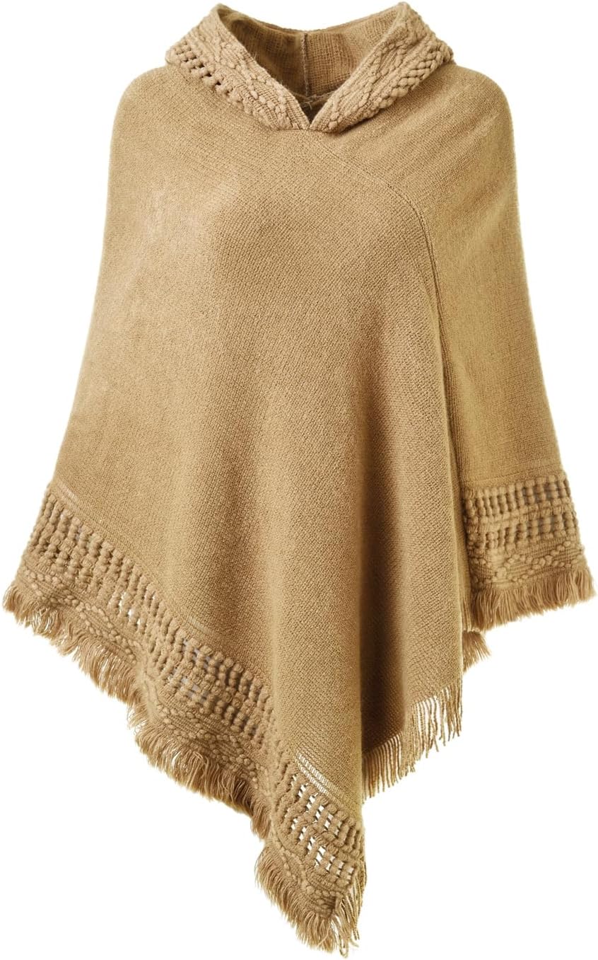 Ferand Women's Witchy Hooded Knit Poncho with Fringe