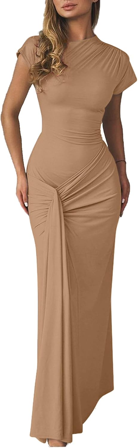 Mojessy Women Bodycon Maxi Dress Sexy Mock Neck Lace Up Bandage Ruched Short Sleeve Long Dress Cocktail Dress