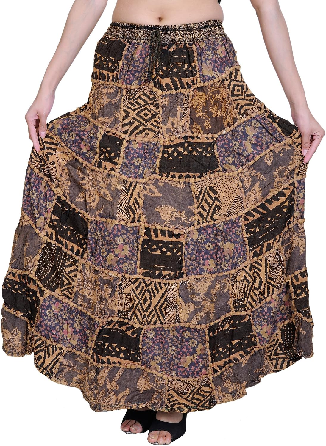 Exotic India Long Printed Dori Skirt from Gujarat with Patch Work - Rayon